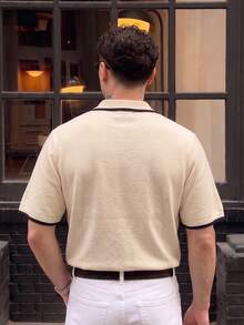 Men's Knitted Polo Shirt, Turn-Down Collar, Short Sleeve, Loose Fit, Vintage Casual, Color Block Black Trim, Lightweight Summer Knit Top - Apricot - View 5