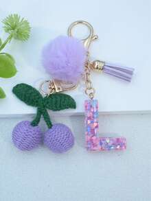 1 buah Gantungan Kunci Huruf Inggris Resin Bermotif Langit Berbintang dengan Hiasan Rumbai dan Bola Bulu Hitam, Liontin Hati, Hadiah untuk Teman dan Ibu - Mauve Purple - View 25