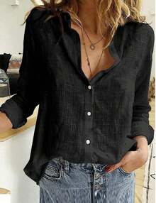 Women's Cotton Linen Blouse With Long Sleeves, Plus Size - Black 1 - View 1
