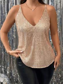 Talla Grande - Talla Grande - Cami de tirantes finos con lentejuelas, cuello en V y diseño occidental transfronterizo - Champán - Ver 2