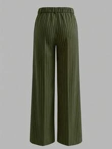 ANCHOSE Women's Early Spring Fashion Minimalist Commute Elastic Waist Black & White Striped Long Pants - Green - View 3