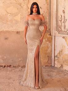 Faeriesty Splendidi abiti da cerimonia e da sera con collo choker, orlo a sirena, frange e perline, per matrimoni, feste e autunno - Champagne - Visualizzare 4