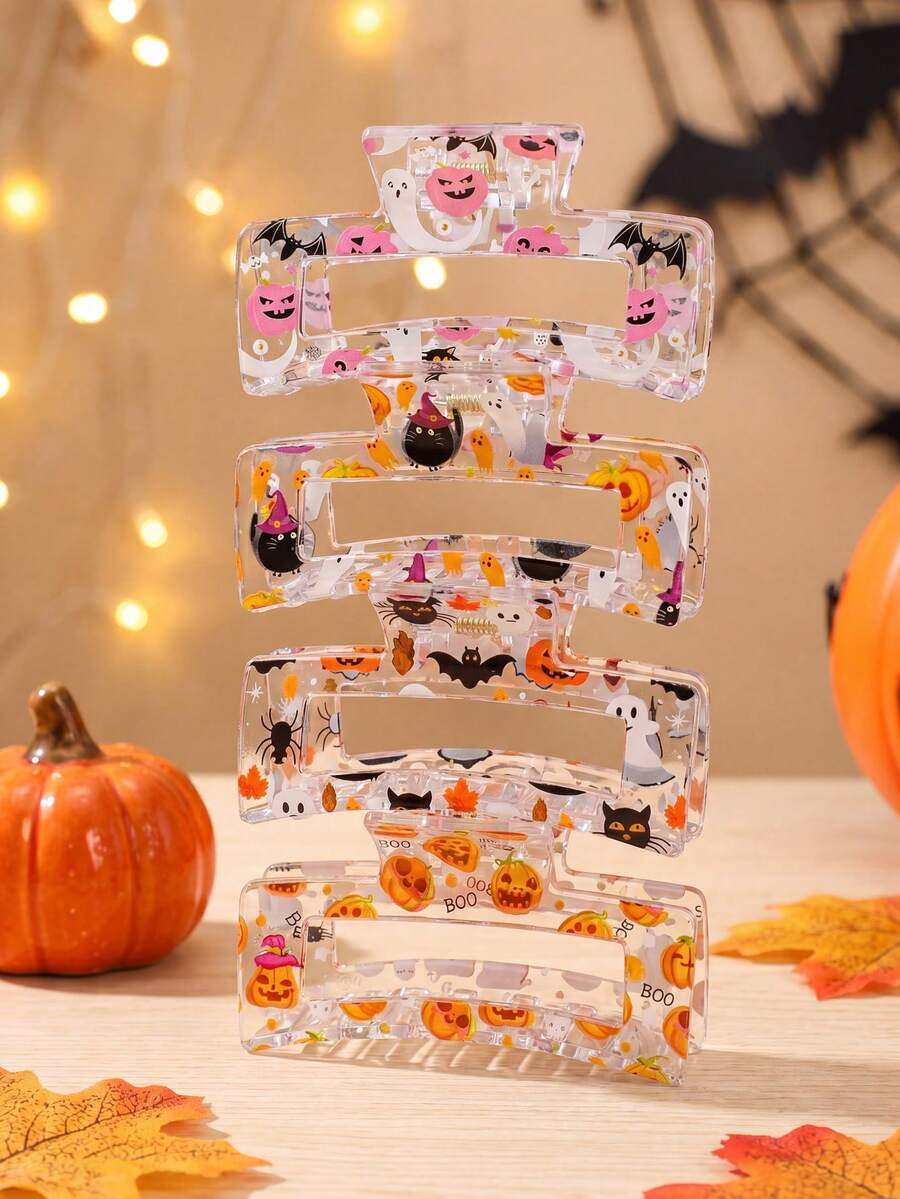MH 4pcs Halloween Square Hair Claw Clips Pumpkin Bat Suitable For Holiday And Daily Use Summer Hair Accessories Vacay Hair Clips - Multicolor - View 1