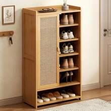 Wooden Shoe Rack With 2 Doors And 7 Shelves, Bamboo And Rattan Shoe Organizer For Hallway, Compact Shoe Rack For Small Spaces (60x32x93 Cm) - Black - View 1