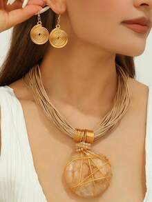 1Set Conjunto de Joyas Boho Ámbar, Collar de Cuerda Marrón Multicapa & Pendientes Espirales Dorados Para Mujeres, Multicolor, Accesorio para Fiesta y Vacaciones - Verde Oscuro - Ver 14