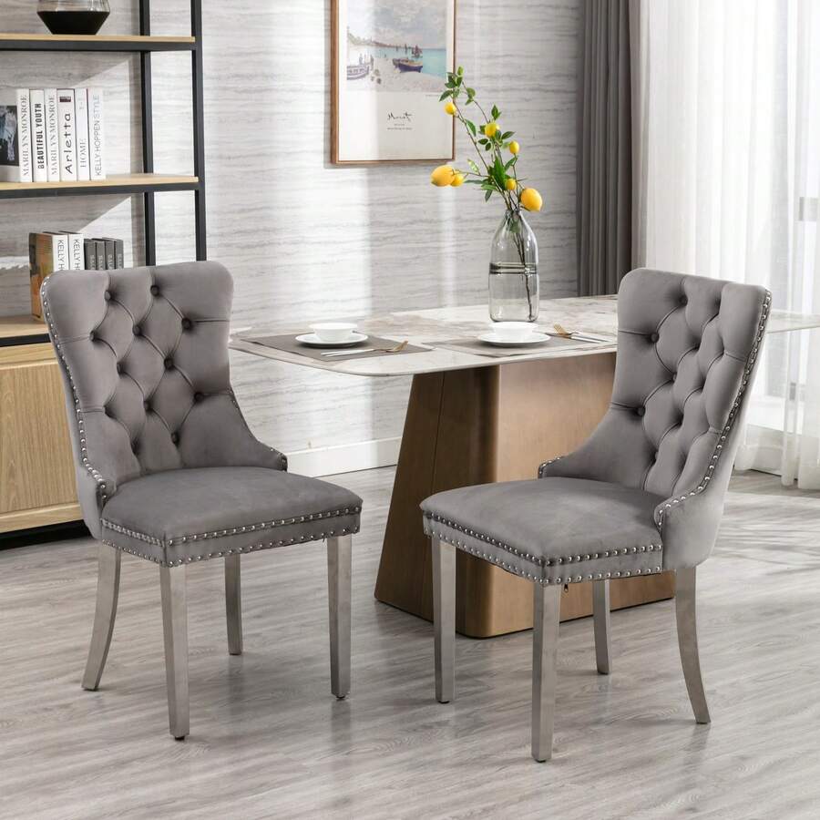 Set Of 2 65 Cm Dining Chairs In Velvet For Kitchen And Dining Room - 灰色 - 查看 1