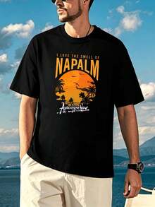 Herren-T-Shirt Mit GrafikprI Nt ?Sonnenuntergangspalme", FrühlI Ng, PR E Mium-Baumwolle, Bequeme Passform, Atmungsaktiv, Street-Hip-Hop-Stil, Kunstdruck - Black - View 2