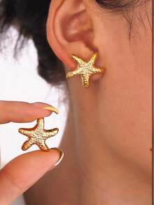 3/9 Pairs Fashionable Elegant Gold-Plated Starfish Shell Multi- Metallic Women's Earrings Set, Suitable For Beach Vacation And Daily Wear (Lightweight CCB Material, Non-Fading) - Yellow Gold - View 4