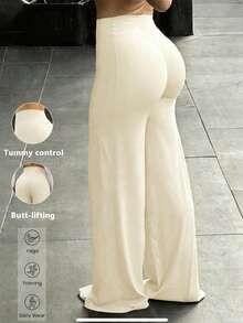 Pantalones de cintura alta, pierna ancha y suaves, levantadores de glúteos, no transparentes, para yoga, casuales y deportivos de verano - Albaricoque - Ver 3