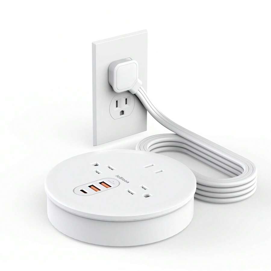 Regleta de viaje con 3 tomas, 1 puerto USB-C y 2 puertos USB-A, cable de extensión retráctil de 4 pies, enchufe ultra plano para artículos esenciales de crucero, protección contra sobretensiones, compacta para maleta