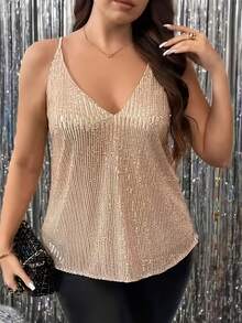 Talla Grande - Talla Grande - Cami de tirantes finos con lentejuelas, cuello en V y diseño occidental transfronterizo - Champán - Ver 5