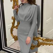 Vestido de manga larga de color sólido, elegante y a la moda, con cintura ajustada, para fiestas, eventos nocturnos y uso en casa, otoño 2026. - Negro - Ver 6