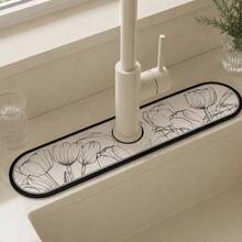1pc Line Art Tulip Print Diatomite Faucet Absorbent Mat, Quick Dry Non-Slip Anti-Splash Sink Drain Pad, Stain Resistant Countertop Mat For Kitchen Bathroom Washbasin Home Decor - Multicolor - View 3