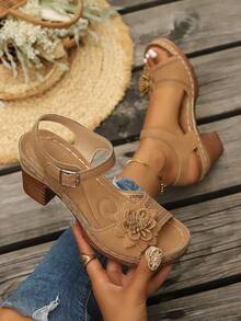 Sweet Pink Floral Chunky Heel Sandals, Ankle Strap Platform Heels, Height Increasing Dress Shoes For Daily Dating - Brown - View 1