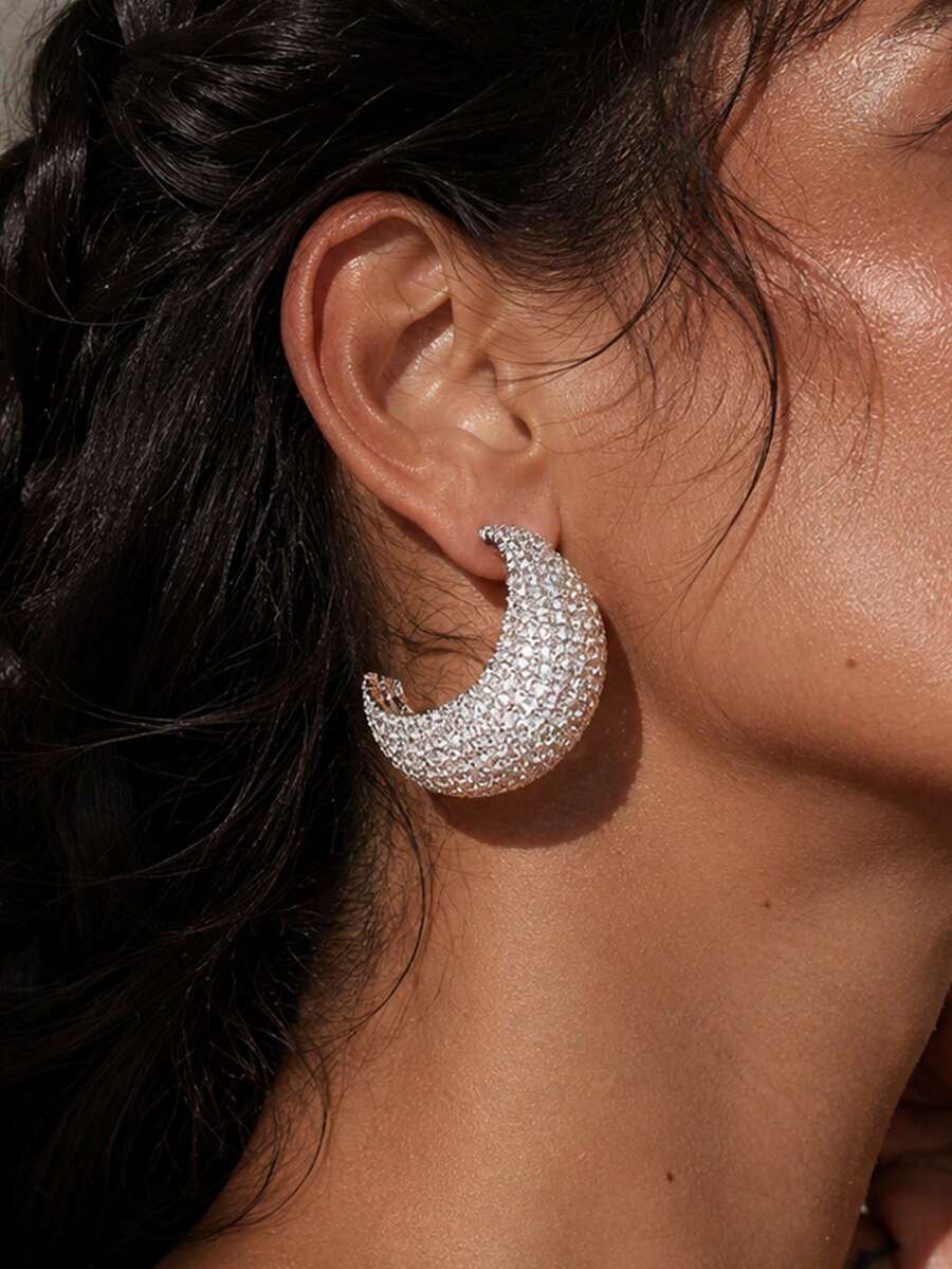 1pc Full Rhinestone Crescent C-Shaped Hoop Earrings, Heavy-Duty Rhinestone Curved Semi-Circle Ear Hoops, Suitable For Commuting And Party Wear For Women - Rhinestones - View 1