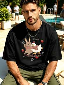 Herren-T-Shirt Mit Cartoon-Hasen- Und Entenmotiv, Premium-Baumwolle, Lockere Passform, L?Ssig, Atmungsaktiv - Black - View 1