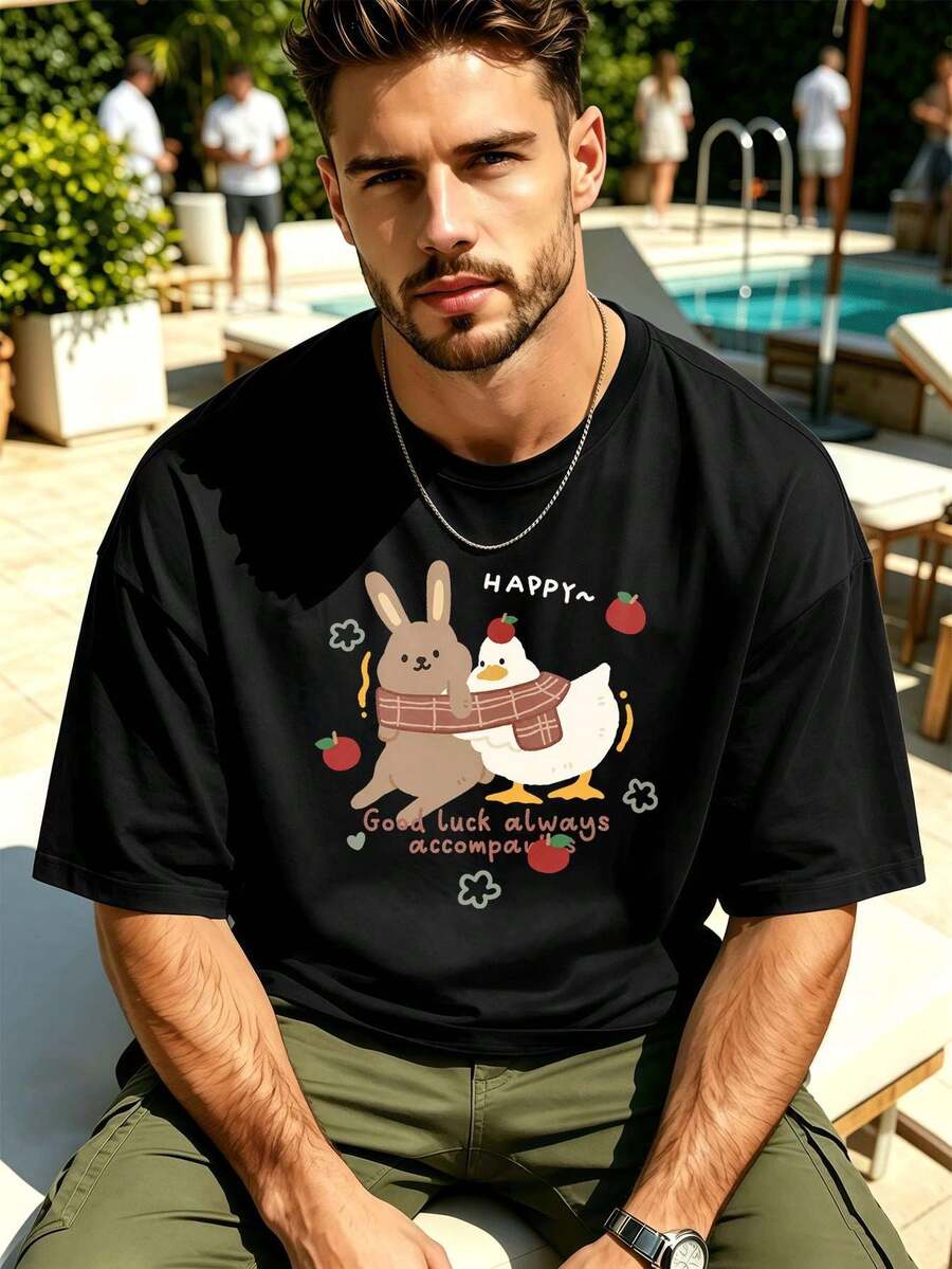 Herren-T-Shirt Mit Cartoon-Hasen- Und Entenmotiv, Premium-Baumwolle, Lockere Passform, L?Ssig, Atmungsaktiv - Black - View 1