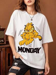 SHEIN | Garfield 女款趣味標語印花圓領T恤，休閒寬鬆街頭風短袖上衣，適合夏季日常與度假穿著 - 白色 - 查看 2