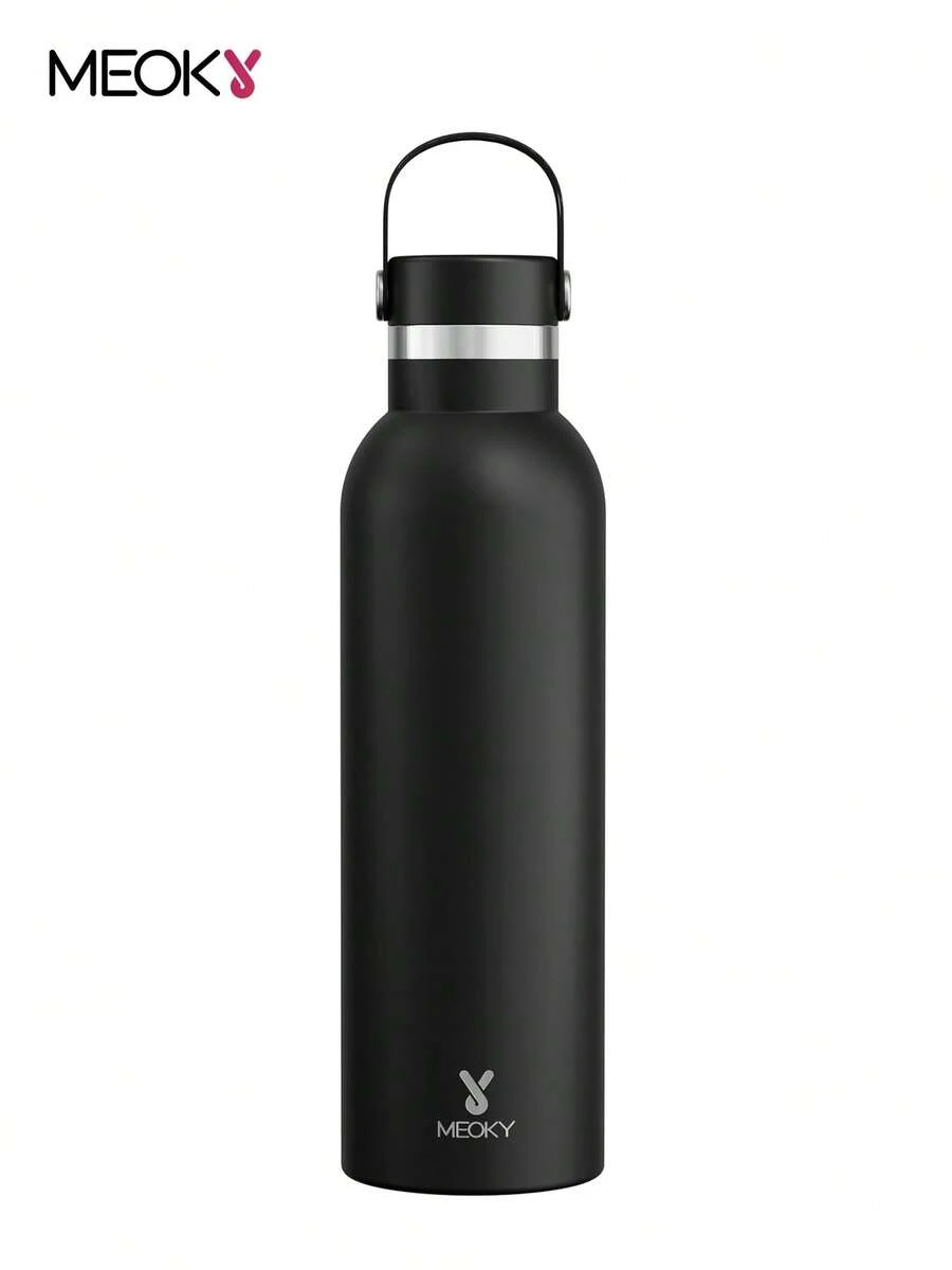 Meoky 26oz/750ml 真空保溫不鏽鋼水壺,大容量旅行水瓶,附攜帶手柄蓋,熱飲冷飲保溫,適用於登山、露營、戶外運動與日常使用 - 黑色 - 查看 1