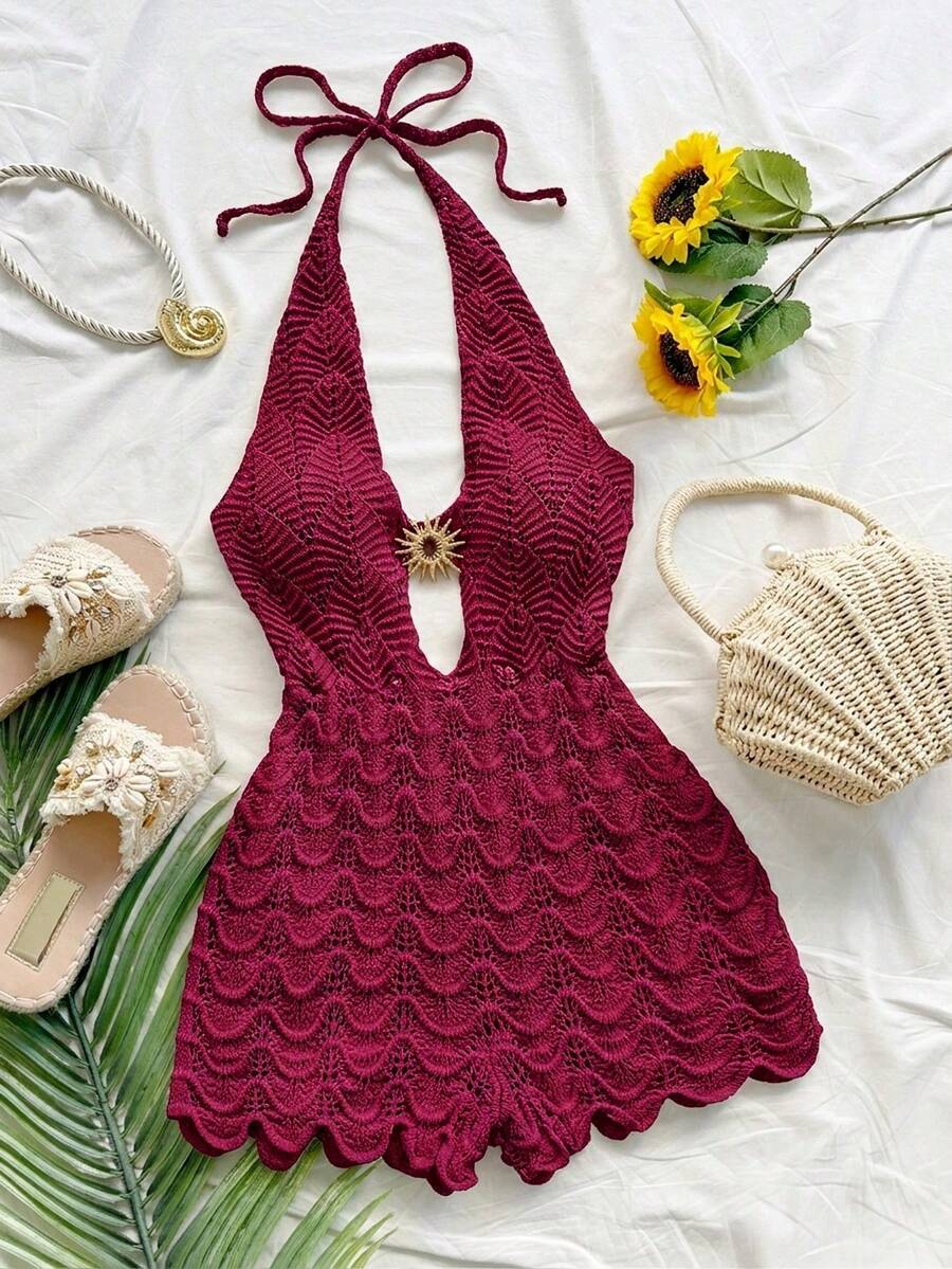 Women's Jumpsuit With Crochet Texture, Open Back, Halter Neck And V-Neck, Perfect For Beach Vacations - Black - View 1