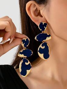1 Pair Vintage Luxury Gold-Plated Alloy Red Enamel Three-Layer Asymmetrical Textured Dangle Earrings, Suitable For Women's Evening And Daily Wear - Red - View 9