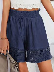 Shorts de encaje con flecos estilo vacacional - Azul lavado medio - Ver 3
