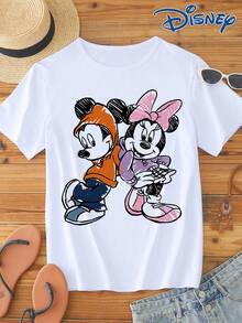 Disney 1pc Men's Short Sleeve T-Shirt, Loose Fit, Mickey Mouse And Minnie Mouse Graphic Print, Round Neck, Slightly Elastic - White - View 3