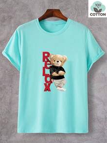 Camiseta informal de cuello redondo para hombre, 100% algodón, tejido de punto ligeramente elástico, ajuste regular, 180 g, camiseta gráfica de oso de peluche relajado, talla grande. - Blanco - Ver 10