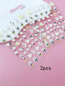 2片裝 5D 浮雕立體美甲貼紙，指甲 DIY 裝飾，白色蕾絲、黑白玫瑰、白色雛菊花卉圖案，適合春夏季打造清新甜美極簡風格，U型邊法式美甲藝術 - 彩色 - 查看 8