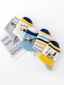 5 Pairs Boys' Cartoon Construction Vehicle Pattern Mid-Calf Socks, Outdoor Casual Sports Socks, Boys' Socks, Student Socks, Elastic Cuff, Fun Children's Outfit - Multicolor - View 3