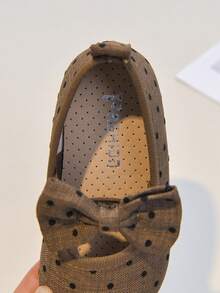 Girls' Linen Polka Dot Bow Decor Breathable Soft Sole Mary Jane Flats, Suitable For Spring And Summer - Coffee Brown - View 9