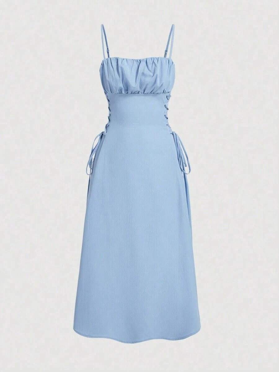 Solid Color Strappy Dress With Ruched Bodice And Side Drawstring - Blue - View 1