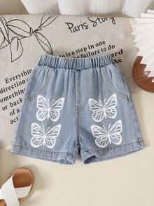 2pcs/Set Young Girls Casual Fashion Elegant Cute, Soft Comfortable, Minimalist Solid Color V-Neck Knit Vest And Butterfly Print Denim Sports Shorts, Girls Clothing Set, Children Girls Clothing, Girls Clothing, Girls Clothing, Suitable For Daily Wear, Home, Vacation, Party, Outdoor Activities - Multicolor - View 8