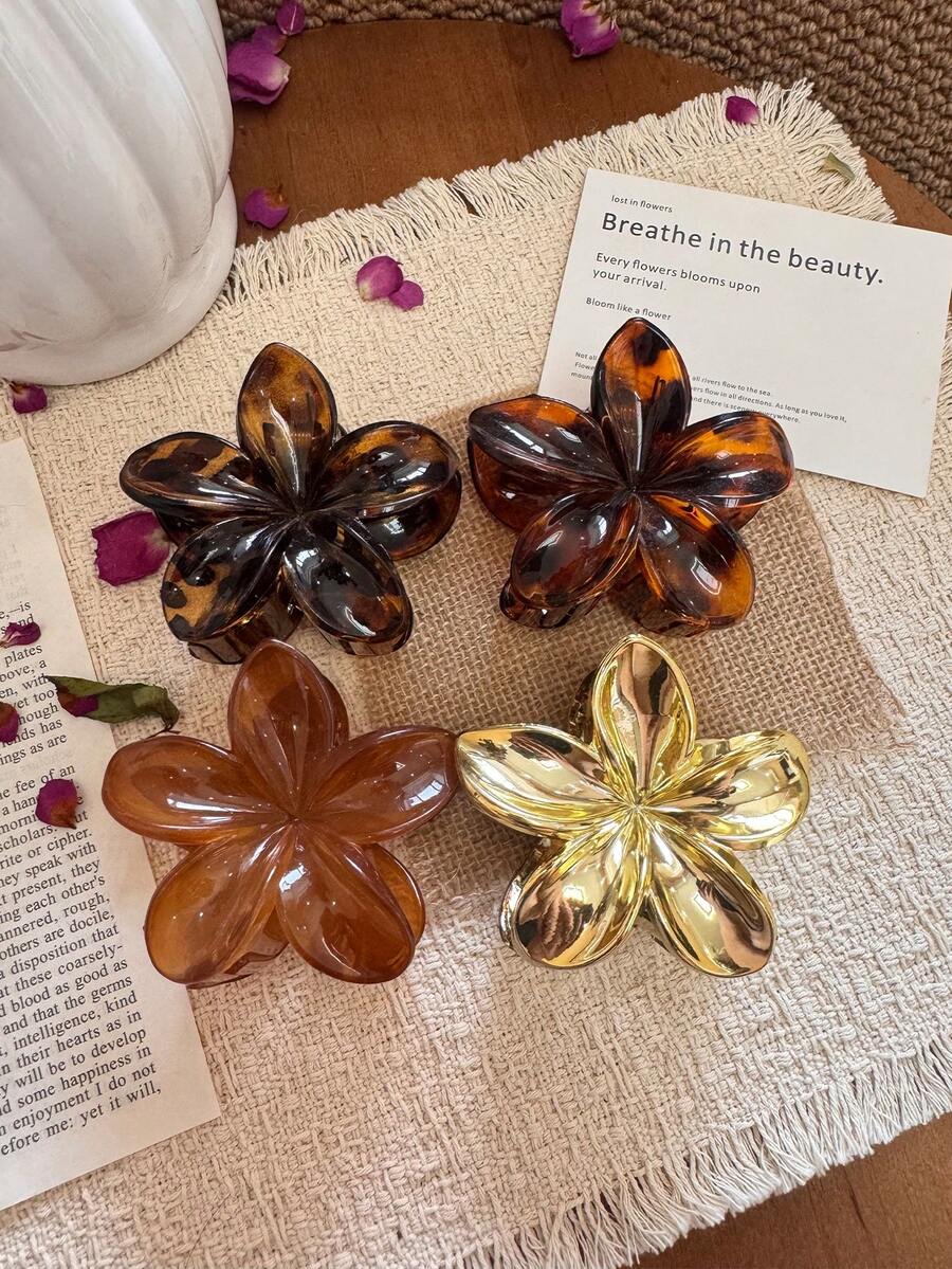 4pcs Large 8cm/3.15in Light Leopard, Dark Leopard, Gold And Light Brown Floral Design Hair Clips, Suitable For Women, Elegant, Minimalist, Versatile, Suitable For Daily, Casual, Party, Beach, Vacation, Hairstyle Design, Face/Hair Washing, Makeup, Clothing Accessories, Spring Hair Claw, Summer Hair Claw, Autumn Hair Accessory, Winter Hair Claw - Multicolor - View 1