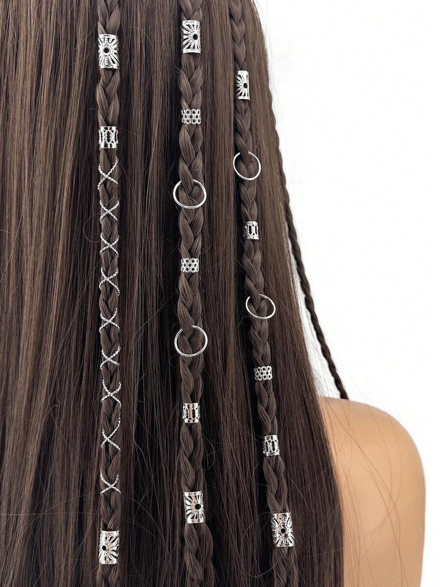 41pcs Silver Braiding Hair Rings, Contain 1 Rope Stylish Sparkling Hair Braiding Accessories For Girls - Silver - View 1