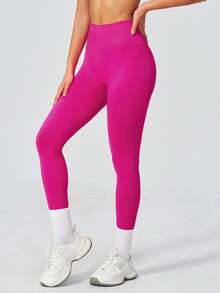 NcmRyu Women's 1pc Solid Color Wide Ribbed High Waist Tummy Control Butt Lifting Tight Fit Sports Leggings - Hot Pink - View 3