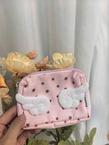 Estilo japonés & coreano de nicho, tarjetero de doble capa con lindo estampado de lunares, monedero pequeño, bolsa de almacenamiento portátil fresca de alta estética - Rosa - Ver 5