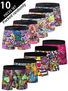 10 piezas/paquete Calzoncillos bóxer para hombre con estampado aleatorio, cómodos, de cintura media, elásticos y deportivos, estilo moderno - Multicolor - Ver 14