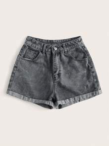 Summer Rolled-Up High-Waisted Denim Shorts - Light Grey - View 1