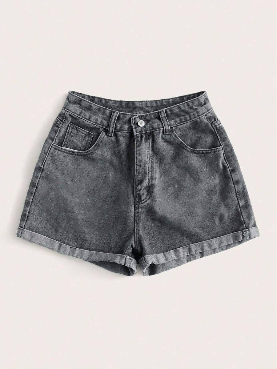 Summer Rolled-Up High-Waisted Denim Shorts - Light Grey - View 1