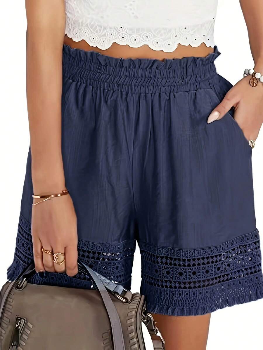 Shorts de encaje con flecos estilo vacacional - Azul lavado medio - Ver 1