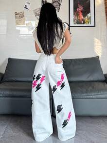 1件女款時尚刺繡寬腿牛仔褲，寬鬆舒適街頭休閒長褲 白色 - 白色 - 查看 4