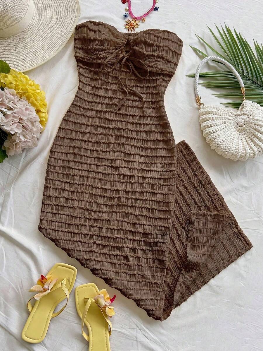 Vestido de mujer a rayas con frente plisado y lazo, atuendos de playa y vacaciones, atuendos de primavera y verano para mujeres - Café integral - Ver 1