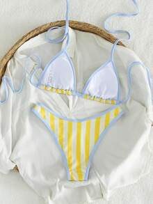 PEPPERMOLLY Women's Striped Print 2 Pieces Bikini Set, Sexy Multicolor Swimwear, Suitable For Summer Beach, Pool And Sports Wear Vacation Yellow - Yellow - View 3