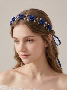 Diadema elegante de mujer con enredadera floral de rosas, perlas y cristales, lazo de cinta, accesorios para el cabello de novia y boda para fiesta, accesorios de dama de honor con cinta - Multicolor - Ver 15