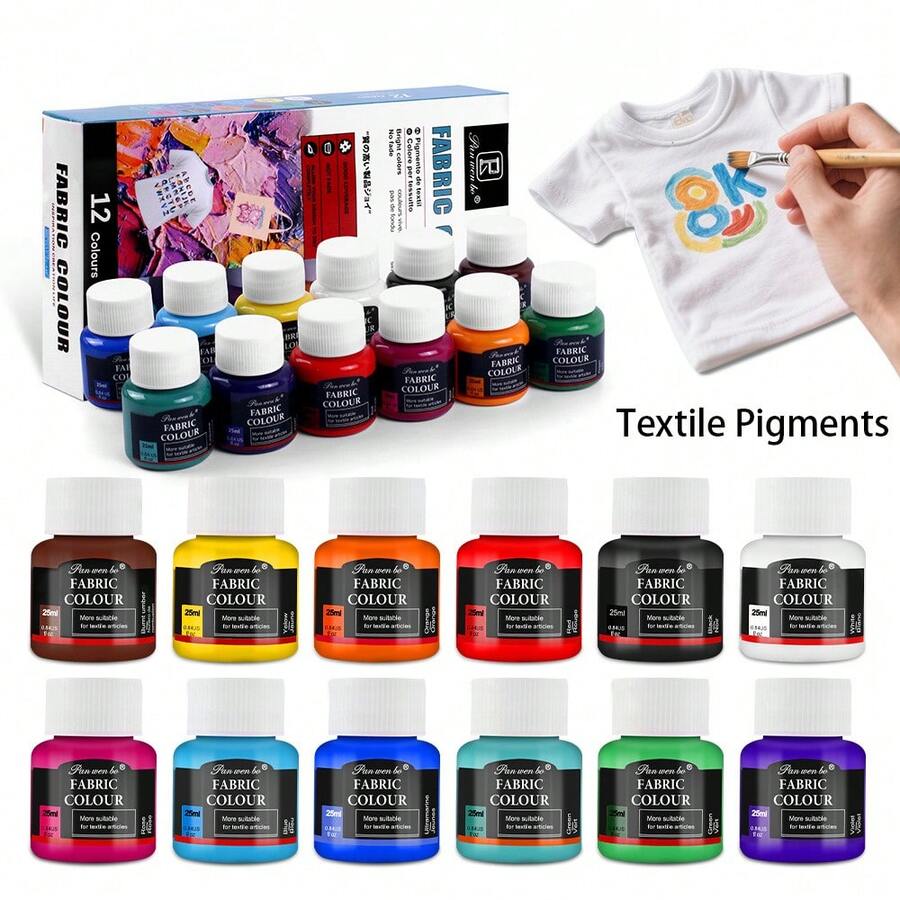 12 Colors Fabric & Glass Paint Set (25ml/Bottle) - Acrylic Craft Paint, Suitable For DIY Clothing, Tumblers, Canvas Art