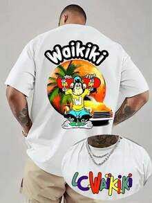 Camiseta Hawaiana para Hombre con Estampado de Vacaciones - Top de Manga Corta con Estampado de Waikiki en la Parte Trasera - Estilo Ajustado Elástico, Ideal para Skateboarding, Ropa de Play - Multicolor - Ver 1