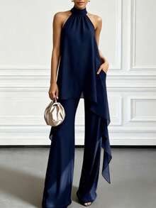 Summer Elegant Purple Halter Neck Asymmetric Two Pieces Set, Halter Neck High Collar Sleeveless Asymmetric Top With Wide Leg Pants - Dark Blue - View 3