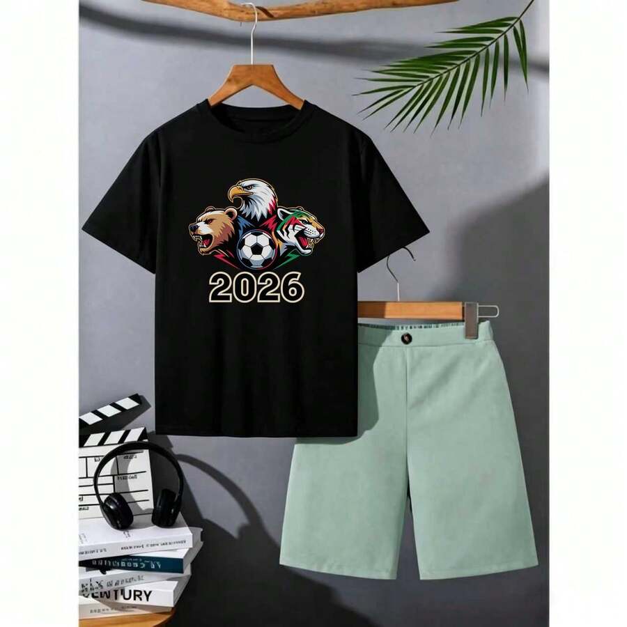 Playera Negra Unisex con Estampado de Animales y Fútbol 2026, Camiseta de Manga Corta Casual para Hombre, Mujer y Niños PKCX - Negro - Ver 1