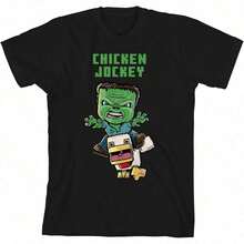 Camiseta juvenil azul marino de manga corta con cuello redondo y estampado de pollo jockey de la película de  para mujer, hombre, niño y niña. - Negro - Ver 1